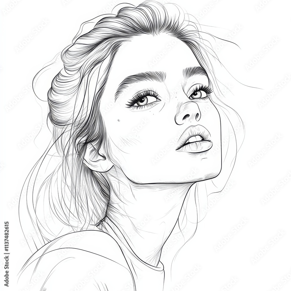 Line Art Portrait of a Woman with Dreamy Eyes: Captivating line art portrait of a woman with ethereal beauty, her gaze lost in a world of dreams. Sketch coloring page Line Art Portrait of a Woman with Dreamy Eyes: Captivating line art portrait of a woman with ethereal beauty, her gaze lost in a world of dreams. Sketch coloring page