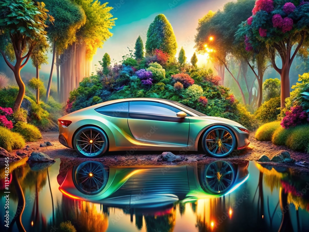 Obraz premium Eco-Friendly Electric Car: Surreal Automotive Concept Art