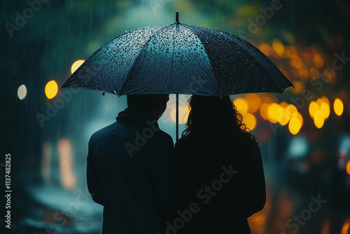 Minimalist image of two people sharing an umbrella in the rain, symbolizing care, support, and connection