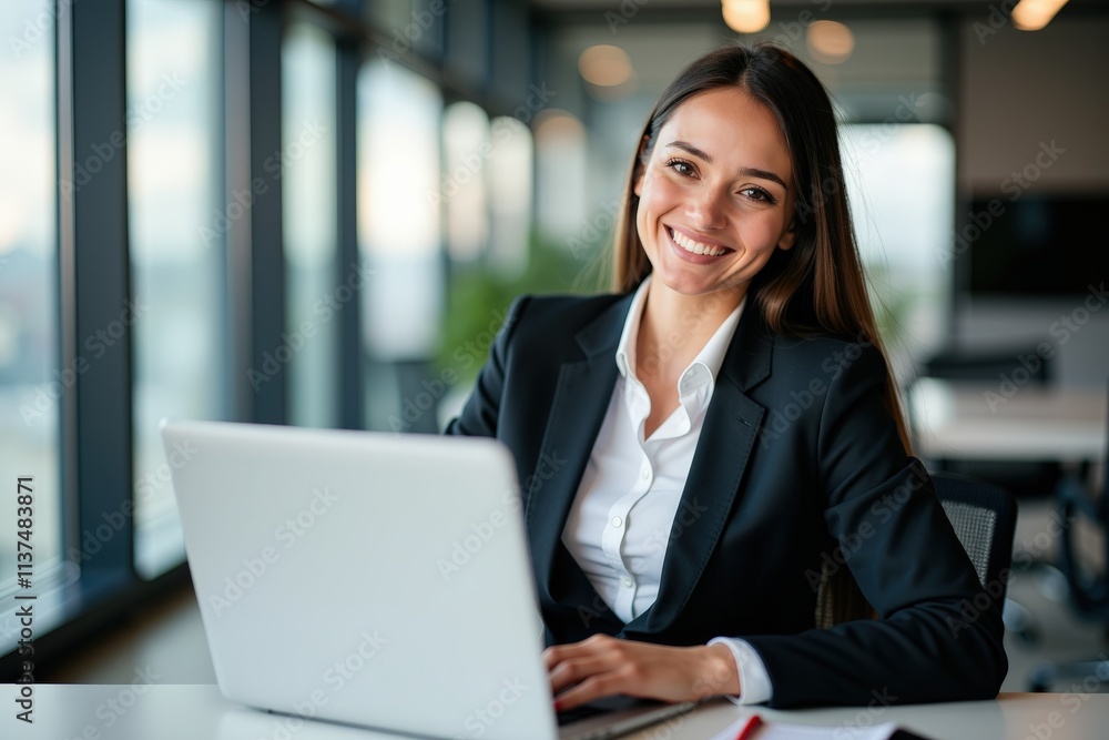 Professional Business Woman Smiling at Laptop in Modern Office Setting, Perfect for Business Marketing or Inspirational Content Professional Business Woman Smiling at Laptop in Modern Office Setting, Perfect for Business Marketing or Inspirational Content