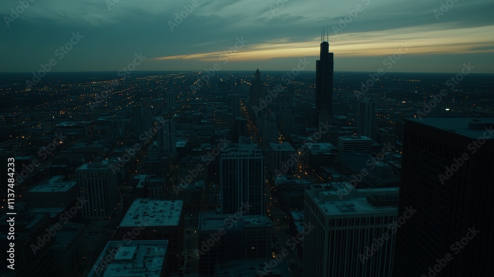 Fototapeta premium A twilight cityscape showcasing urban buildings and a distant skyline under a moody sky.