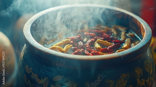 Steaming bowl of traditional herbal soup with goji berries and other ingredients. photo