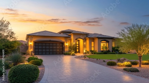 Modern house at sunset with landscaped garden and driveway.