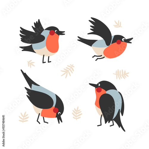 Set of cute cartoon bullfinches