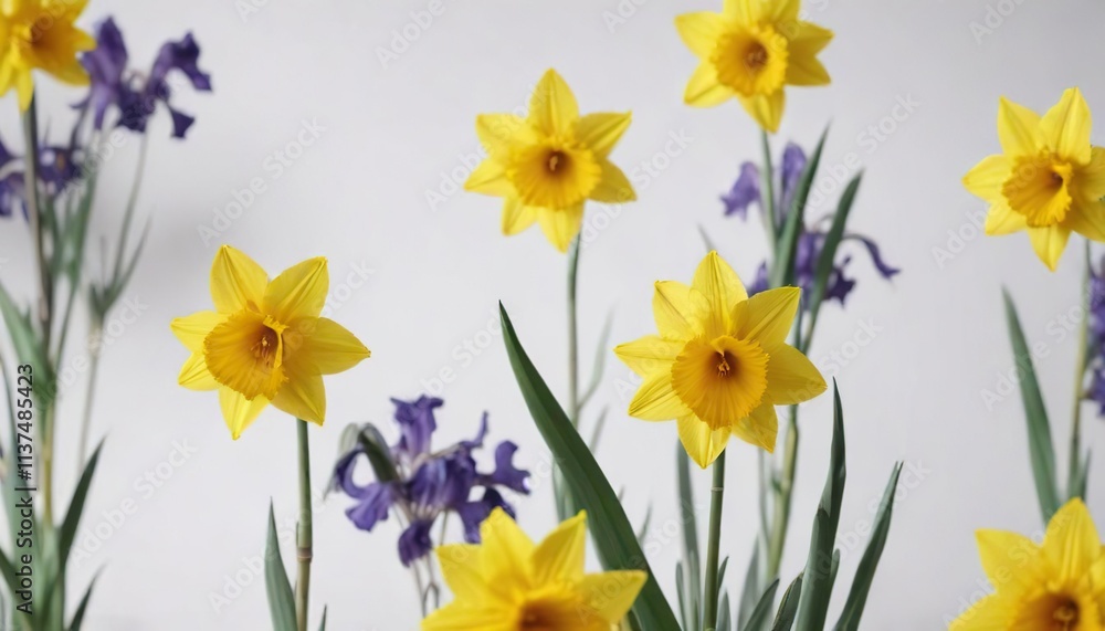Yellow daffodils and purple irises on a plain white surface, garden scenery, fresh cut flowers, iris blooms Yellow daffodils and purple irises on a plain white surface, garden scenery, fresh cut flowers, iris blooms