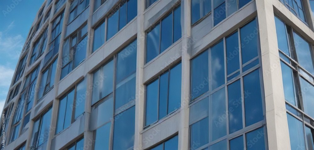 Close-up view of office building windows against blue sky, architecture, close-up, business Close-up view of office building windows against blue sky, architecture, close-up, business