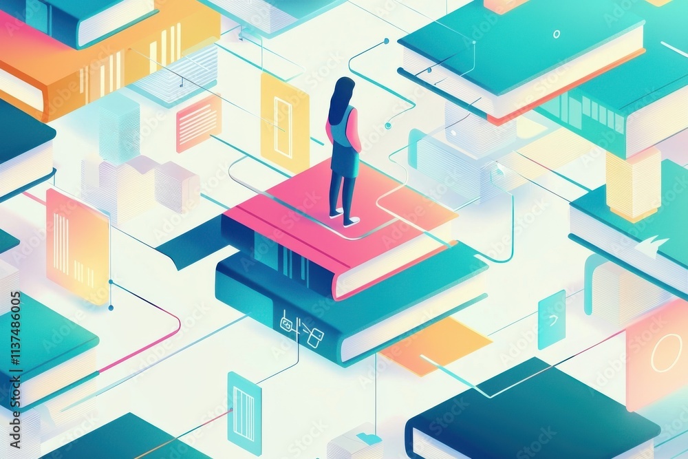 A digital illustration depicting a person standing on books, surrounded by floating data icons and technology elements. A digital illustration depicting a person standing on books, surrounded by floating data icons and technology elements.