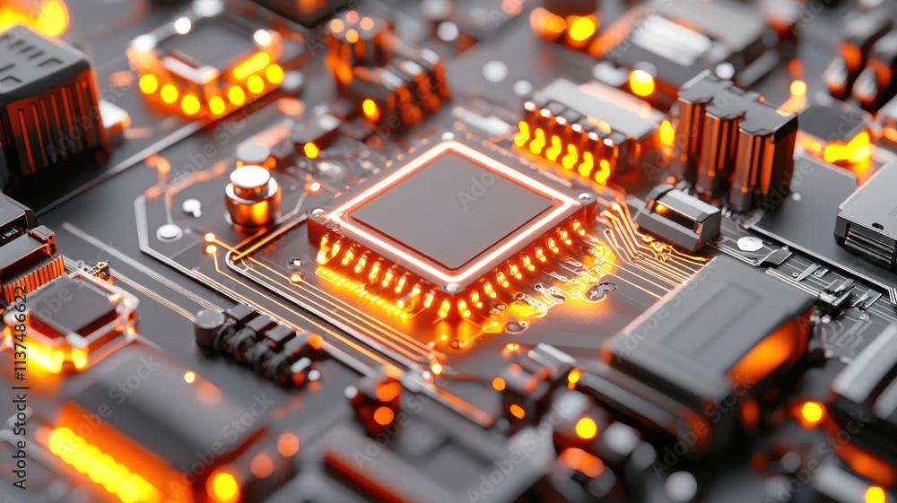 Close-up of a glowing microchip on a circuit board. Close-up of a glowing microchip on a circuit board.