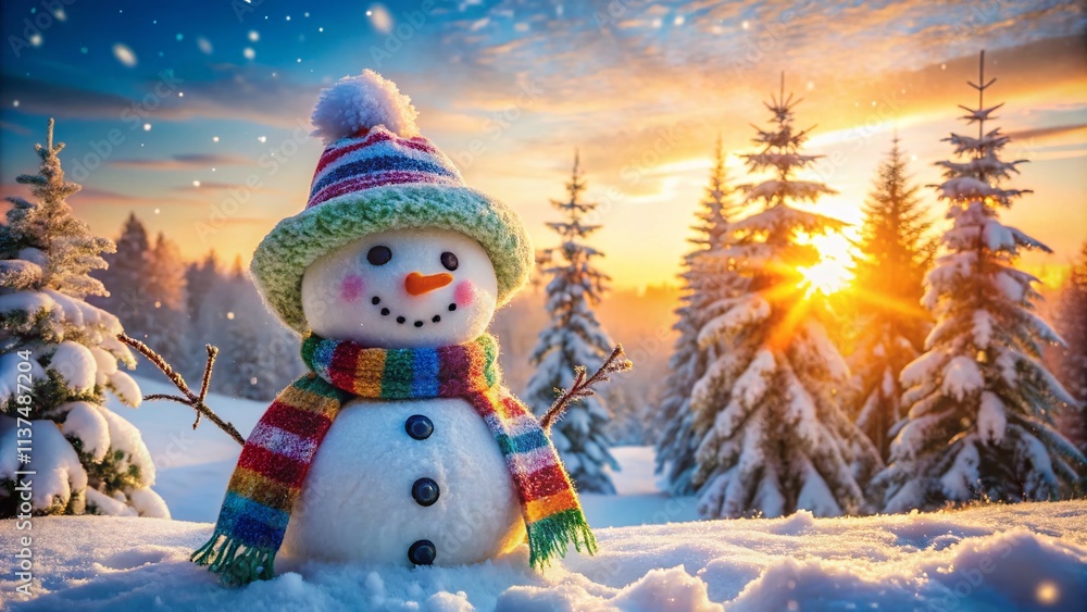Obraz premium Enchanting Double Exposure Photography of a Snowman with Hat and Scarf Surrounded by Morning Light and Frosty Landscapes, Capturing the Magic of Winter Mornings
