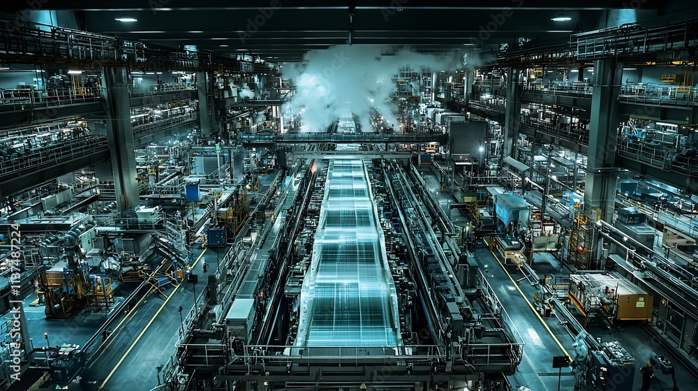 Fototapeta premium Industrial factory with conveyor lines and production equipment.
