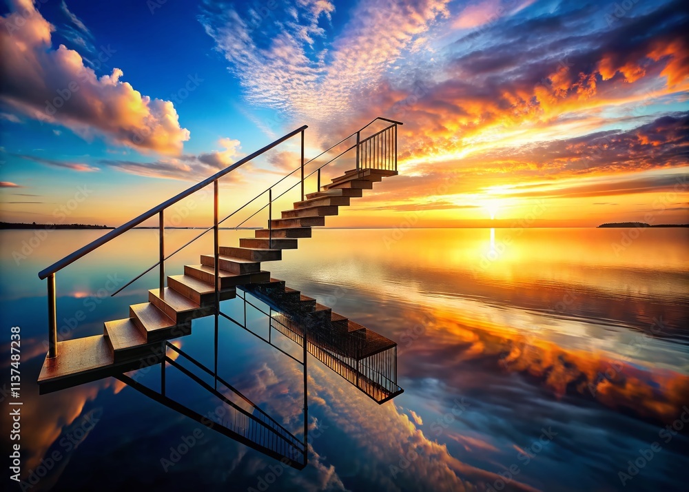 Fototapeta premium Enchanting Double Exposure: Stairway Leading into Water at Sunset – A Serene Fusion of Nature and Architecture Capturing the Magic of Twilight and Reflection