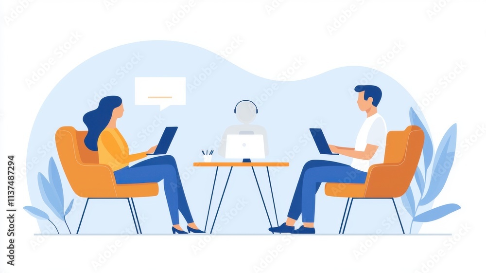 Two people collaborating with a robot in a modern office setting. Two people collaborating with a robot in a modern office setting.