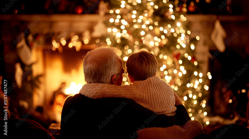 A heartwarming scene of grandparent and child enjoying cozy moment by fireplace, surrounded by beautifully lit Christmas tree. atmosphere is filled with warmth and joy A heartwarming scene of grandparent and child enjoying cozy moment by fireplace, surrounded by beautifully lit Christmas tree. atmosphere is filled with warmth and joy