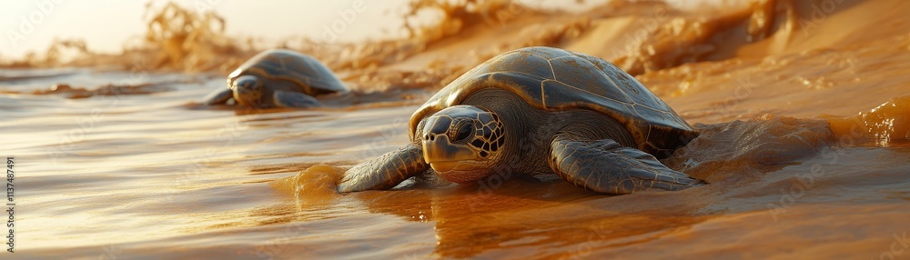 Naklejka premium Turtle nesting process beachfront wildlife photography sunrise close-up conservation efforts