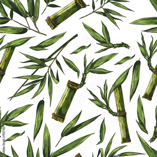 Seamless pattern of bamboo leaves, stems, twigs.