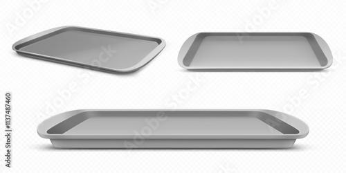 Plastic lunch tray from various angles of view. Realistic 3d mockup of grey rectangular smooth minimalist look with raised edges perfect for serving food or meals in cafe, cafeteria or school canteen.