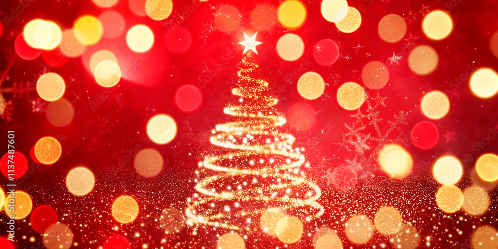 A festive red Christmas scene with ornaments, lights, and seasonal decorations A festive red Christmas scene with ornaments, lights, and seasonal decorations
