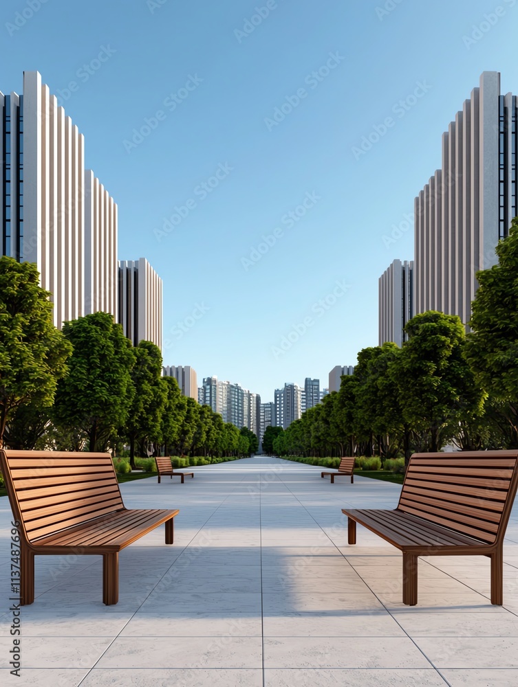 Fototapeta premium A serene urban scene featuring wooden benches lined along a pathway, flanked by tall buildings and lush greenery under a clear blue sky.