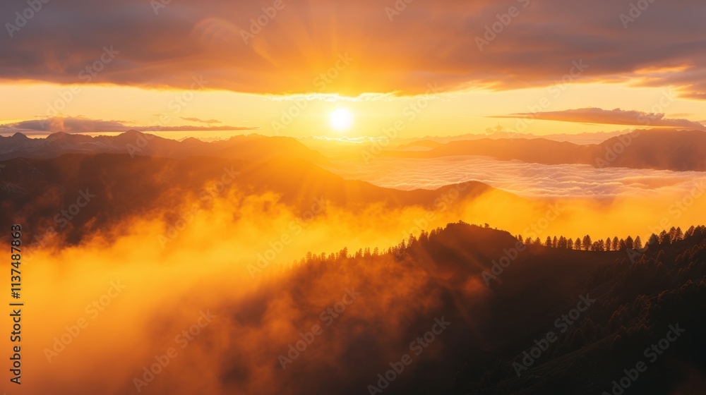 Fototapeta premium Sunrise over misty mountains nature landscape scenic viewpoint tranquil environment serene concept