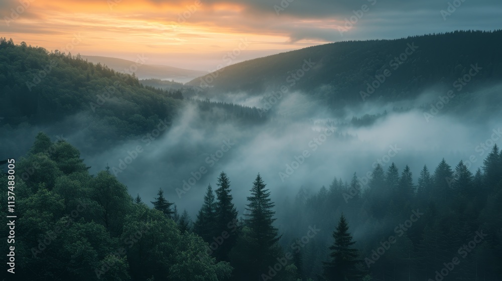 Misty dawn landscape enchanted forest nature photography tranquil environment wide angle view serenity and beauty Misty dawn landscape enchanted forest nature photography tranquil environment wide angle view serenity and beauty