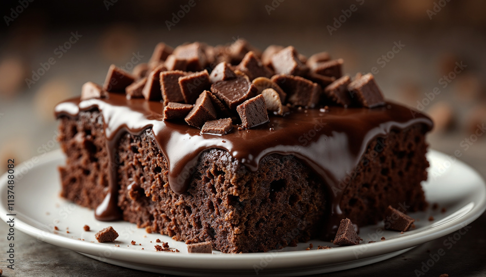 Chocolate cake with delicious frosting and chocolate chips on a rustic background Chocolate cake with delicious frosting and chocolate chips on a rustic background