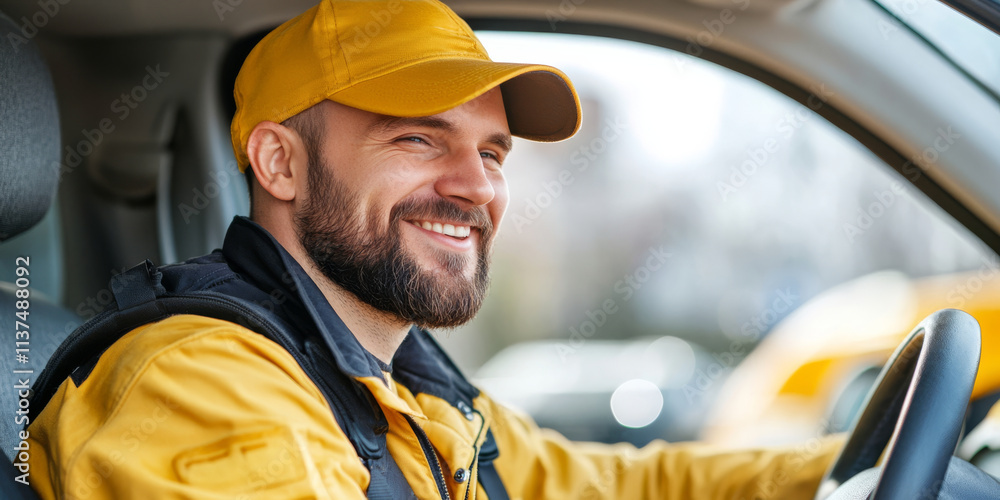 A cheerful man in yellow cap and jacket smiles while sitting in vehicle, exuding friendly and approachable vibe. His expression reflects positivity and warmth, making scene inviting A cheerful man in yellow cap and jacket smiles while sitting in vehicle, exuding friendly and approachable vibe. His expression reflects positivity and warmth, making scene inviting