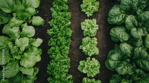 Lush green vegetables growing in neat rows in rich soil.