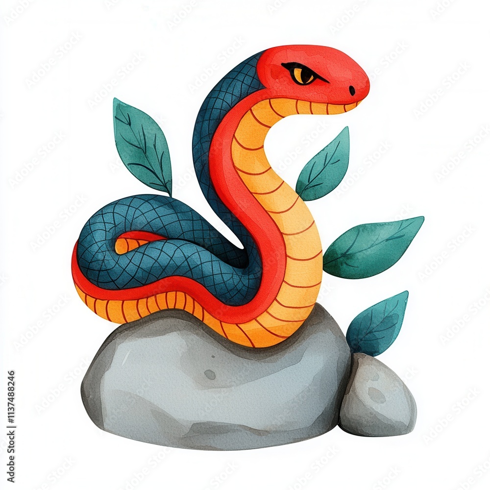 Obraz premium Watercolor Snake Zodiac Concept with Earth Element for Chinese New Year. Colorful snake illustration coiled on a rock with green leaves