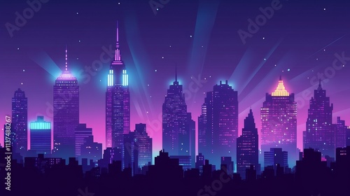 A vibrant, stylized city skyline at night with colorful lights and a starry sky.