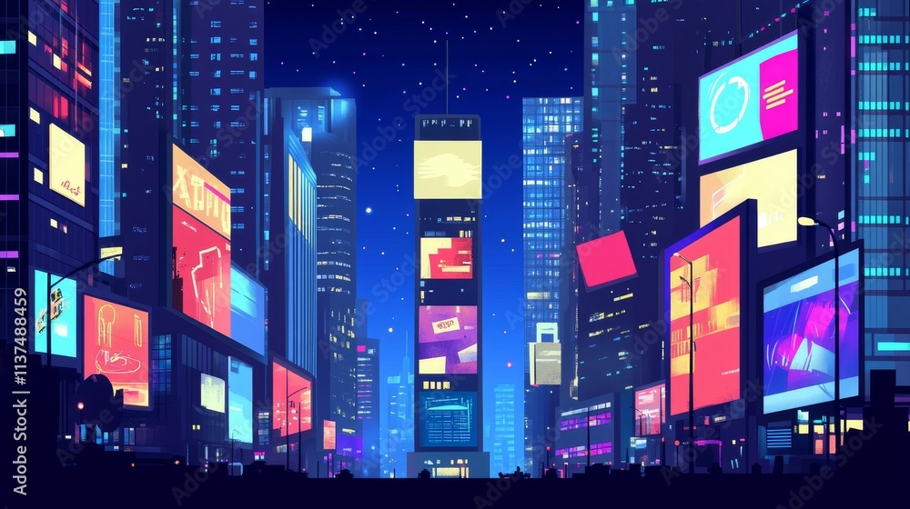 Fototapeta premium A vibrant cityscape at night with illuminated billboards and skyscrapers.