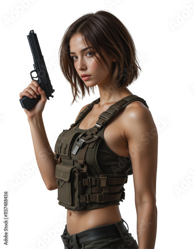 Woman in camo holds handgun, suitable for militarythemed designs, selfdefense concepts, security company ads, and gun control discussions