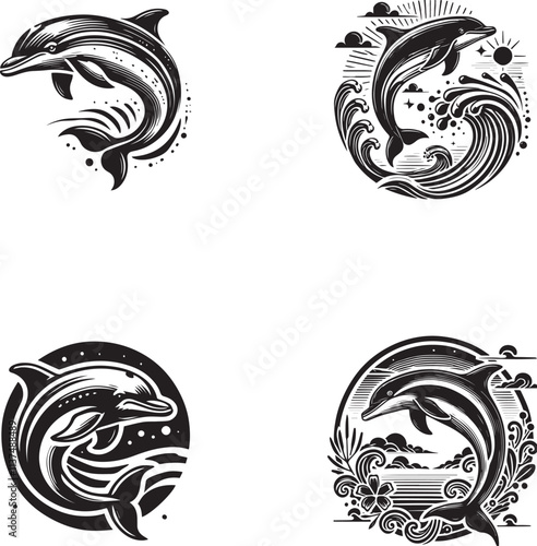 Elegant Dolphin Silhouettes with Ocean Waves - Adobe Stock Vector Set