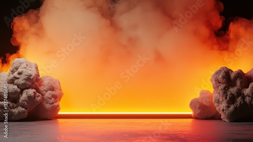 Fiery background with smoke and abstract formations on each side.