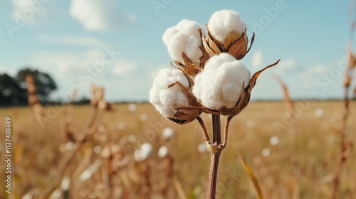 Cotton plants in a field against a clear blue sky.