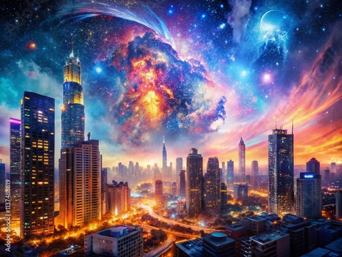 Epic Zoom Background Double Exposure: Abstract Galaxy & Cityscape, Surreal Photography