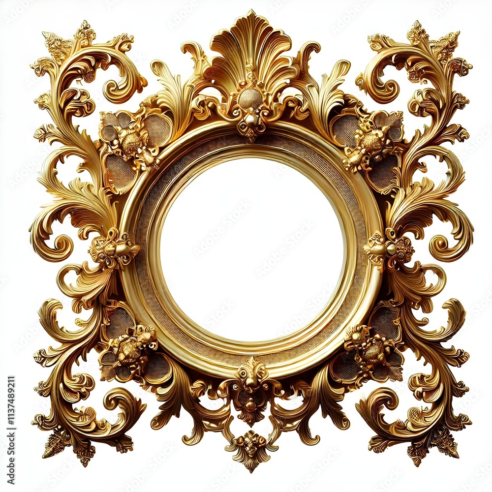 Luxurious Golden Frame with Ornate Design Isolated on White Background for Elegant and Decorative Uses Luxurious Golden Frame with Ornate Design Isolated on White Background for Elegant and Decorative Uses
