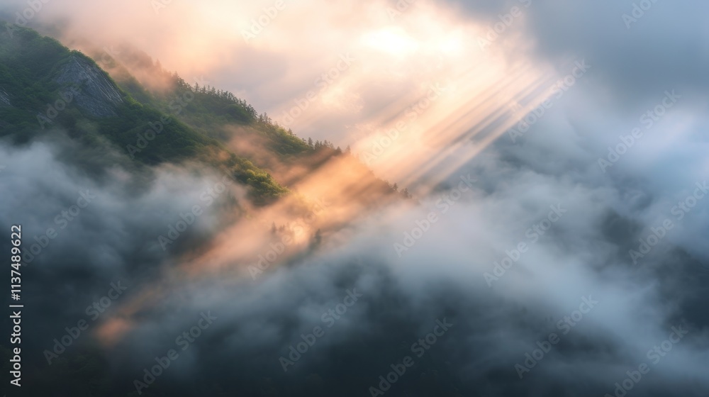 Obraz premium Majestic sunrise over misty mountains scenic landscape photography nature tranquil atmosphere aerial view peaceful serenity