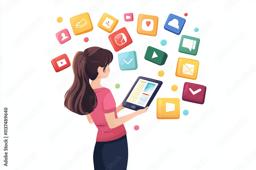 Vector cartoon graphics of a person learning using a tablet computer. This clip art depicts technology and multimedia Vector cartoon graphics of a person learning using a tablet computer. This clip art depicts technology and multimedia