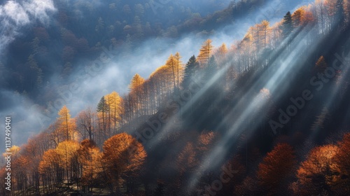 Autumn light breaking through forest canopy mountain region nature photography misty atmosphere aerial view serenity