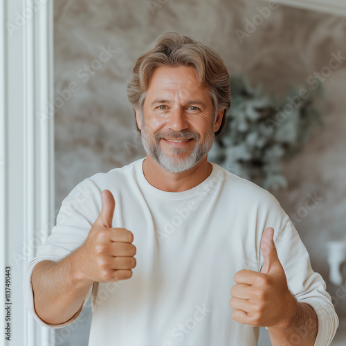 A well-built man gives a thumbs up as a sign of success.