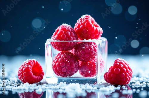 Frozen raspberries lie inside and around an ice cube. The background is dark blue and covered in snow. Concept of healthy food and vitamins in winter time and making cocktails