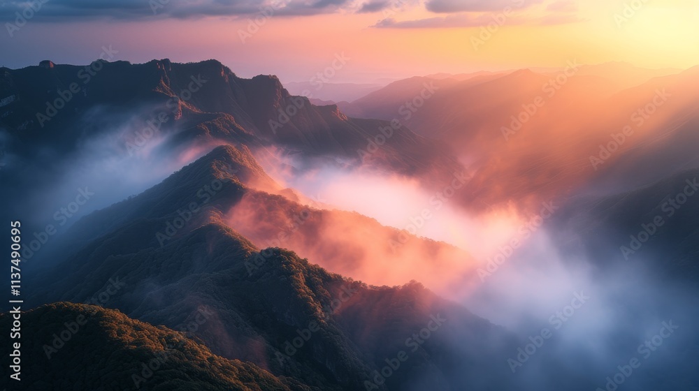 Fototapeta premium Majestic sunrise over mountain ranges nature landscape serene environment panoramic view tranquility concept