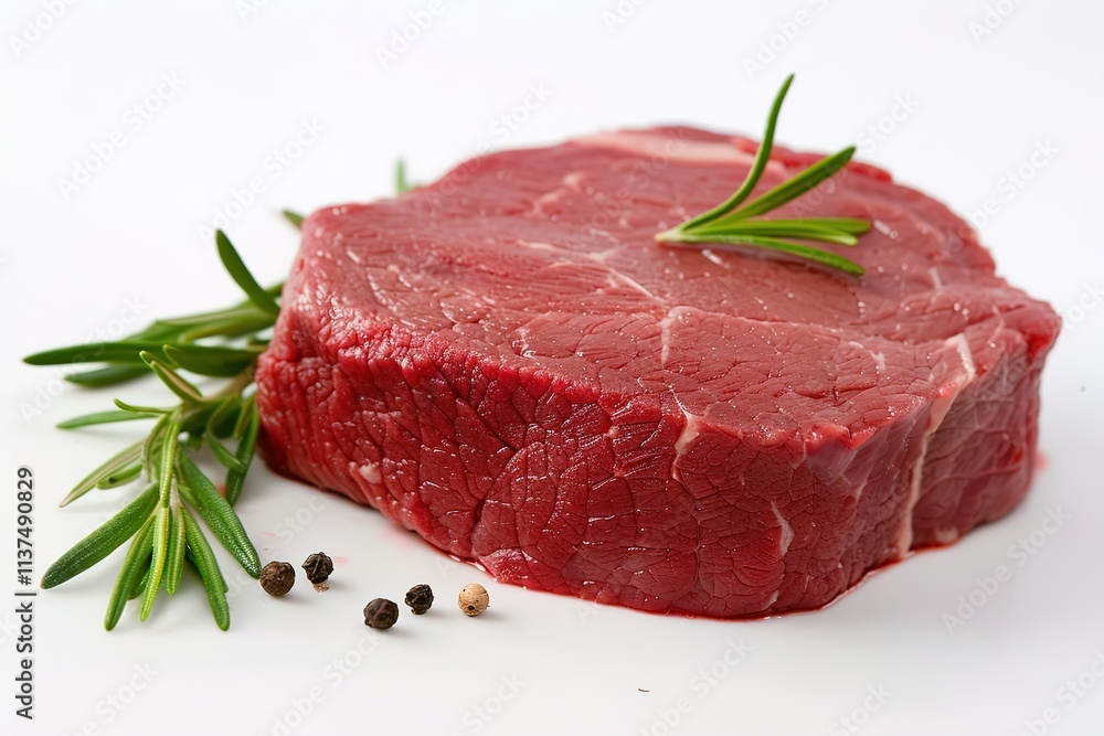 A piece of meat with a sprig of rosemary on top A piece of meat with a sprig of rosemary on top