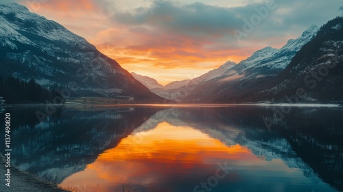 Sunset reflection over serene mountain lake nature photography tranquil landscape high altitude panoramic view