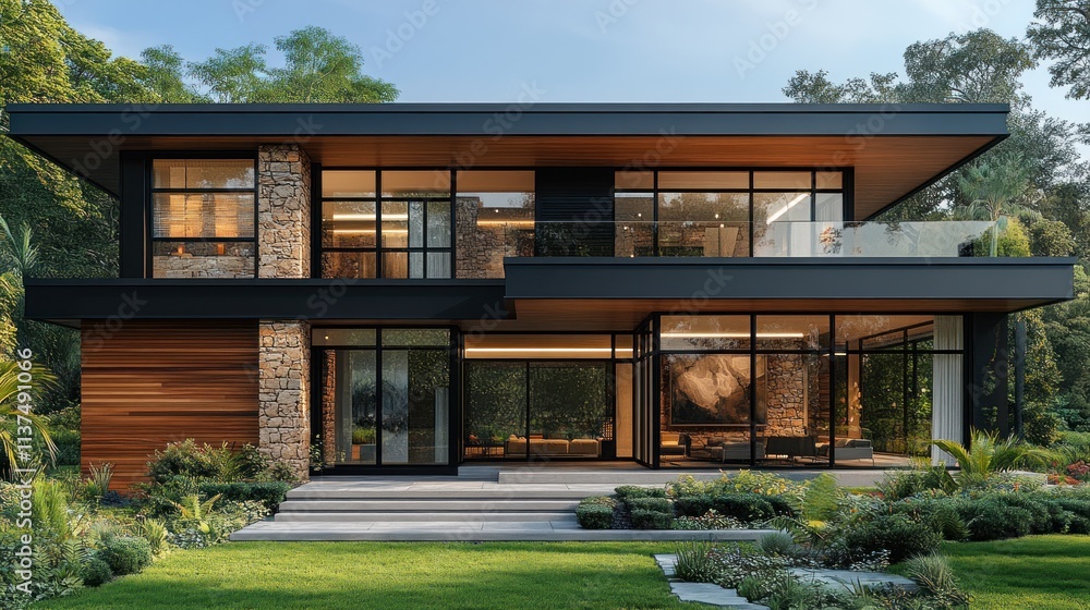 Fototapeta premium Modern house with large windows and natural materials, surrounded by greenery.