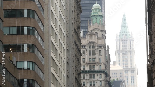 New York City Lower Manhattan Downtown Financial District, United States. Woolworth building high-rise skyscraper, Broadway street perspective, USA. American urban architecture. Gothic tower in NYC. photo