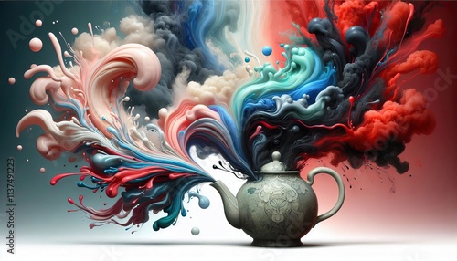 Vintage teapot with colorful swirls abstract creativity concept tea art in still life