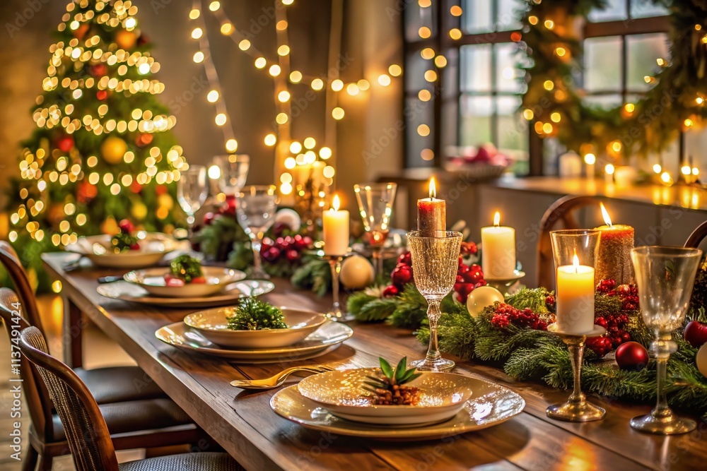 Festive Christmas Dinner Table with Plates, Dishes, Wine Glasses, and Cups Decorated for a Joyful Holiday Gathering in a Cozy, Warm Atmosphere Festive Christmas Dinner Table with Plates, Dishes, Wine Glasses, and Cups Decorated for a Joyful Holiday Gathering in a Cozy, Warm Atmosphere