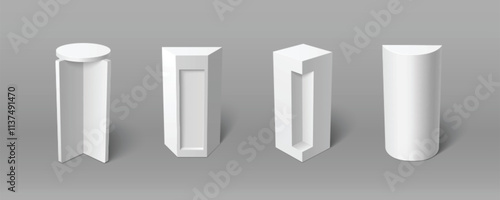 3d white pillar podium. Cube column base for product display. Empty pedestal platform for museum exhibit or gallery presentation place mockup. Blank exhibition showroom stage clear graphic design