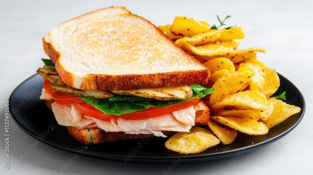 A sandwich with lettuce, tomato, and chips on a black plate. A sandwich with lettuce, tomato, and chips on a black plate.